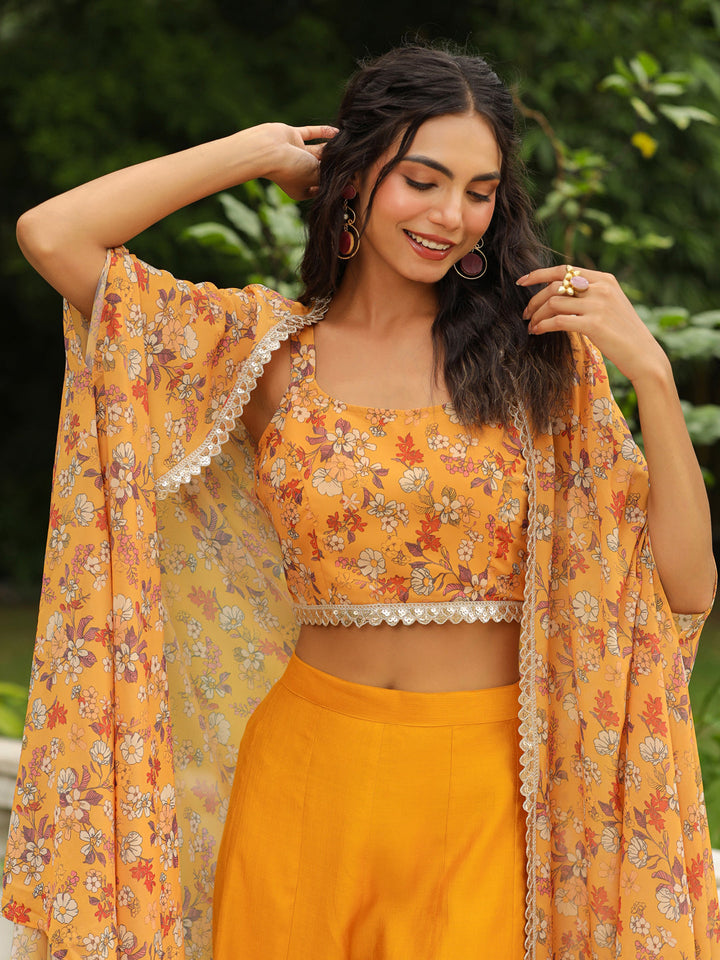 Mustard Georgette Floral Printed Top With Palazzo & Cape Set  - By Janasya