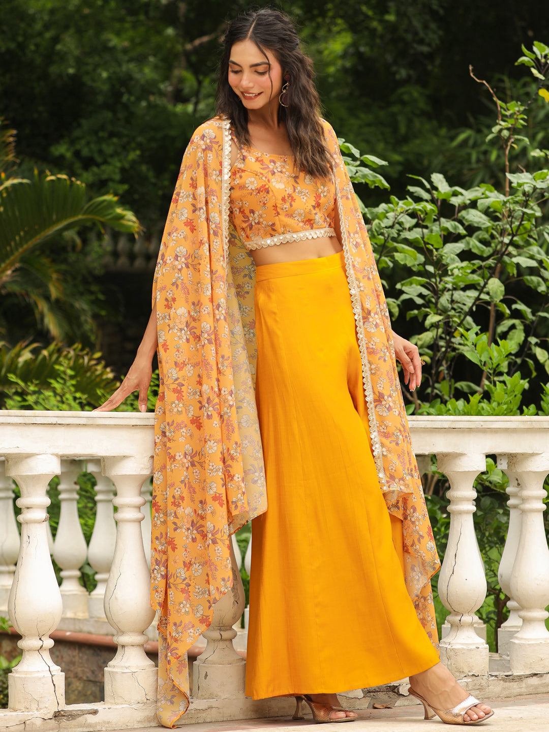 Mustard Georgette Floral Printed Top With Palazzo & Cape Set  - By Janasya