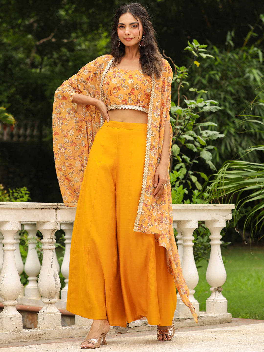 Mustard Georgette Floral Printed Top With Palazzo & Cape Set  - By Janasya