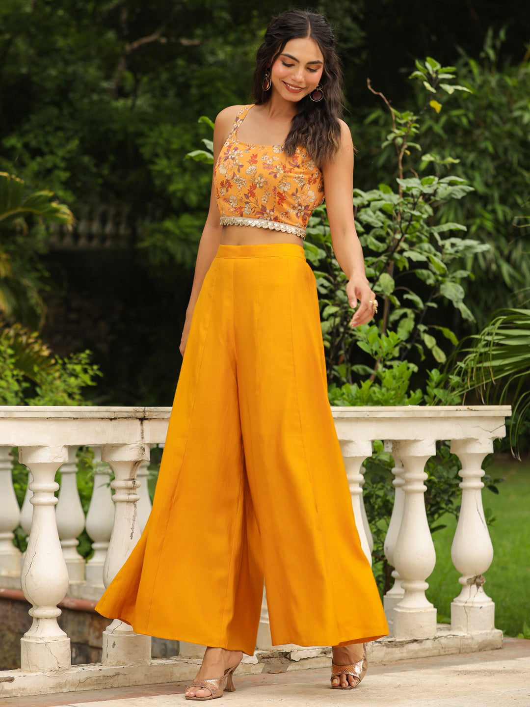 Mustard Georgette Floral Printed Top With Palazzo & Cape Set  - By Janasya