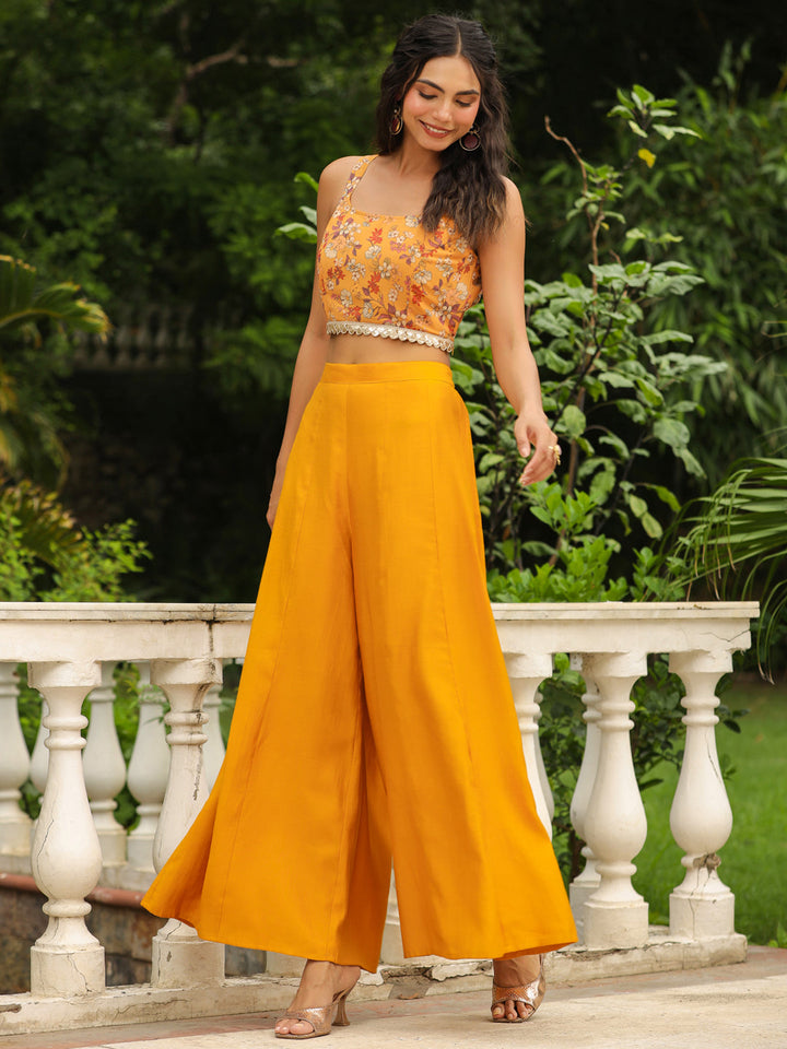 Mustard Georgette Floral Printed Top With Palazzo & Cape Set  - By Janasya