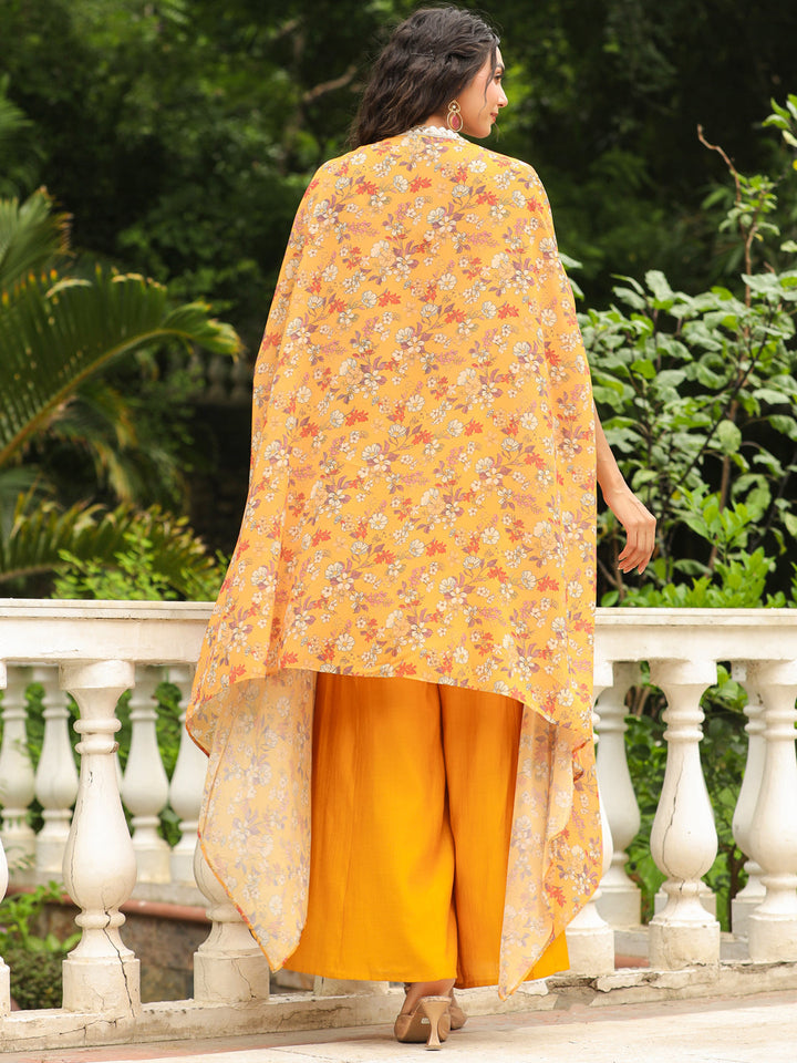 Mustard Georgette Floral Printed Top With Palazzo & Cape Set  - By Janasya