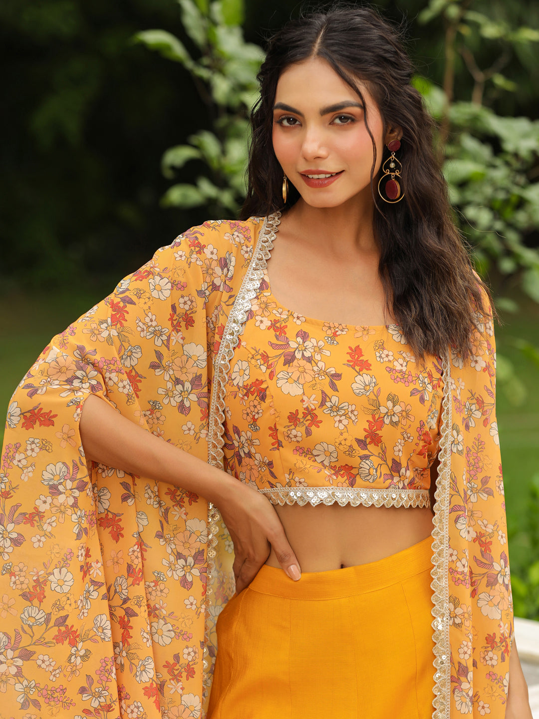 Mustard Georgette Floral Printed Top With Palazzo & Cape Set  - By Janasya