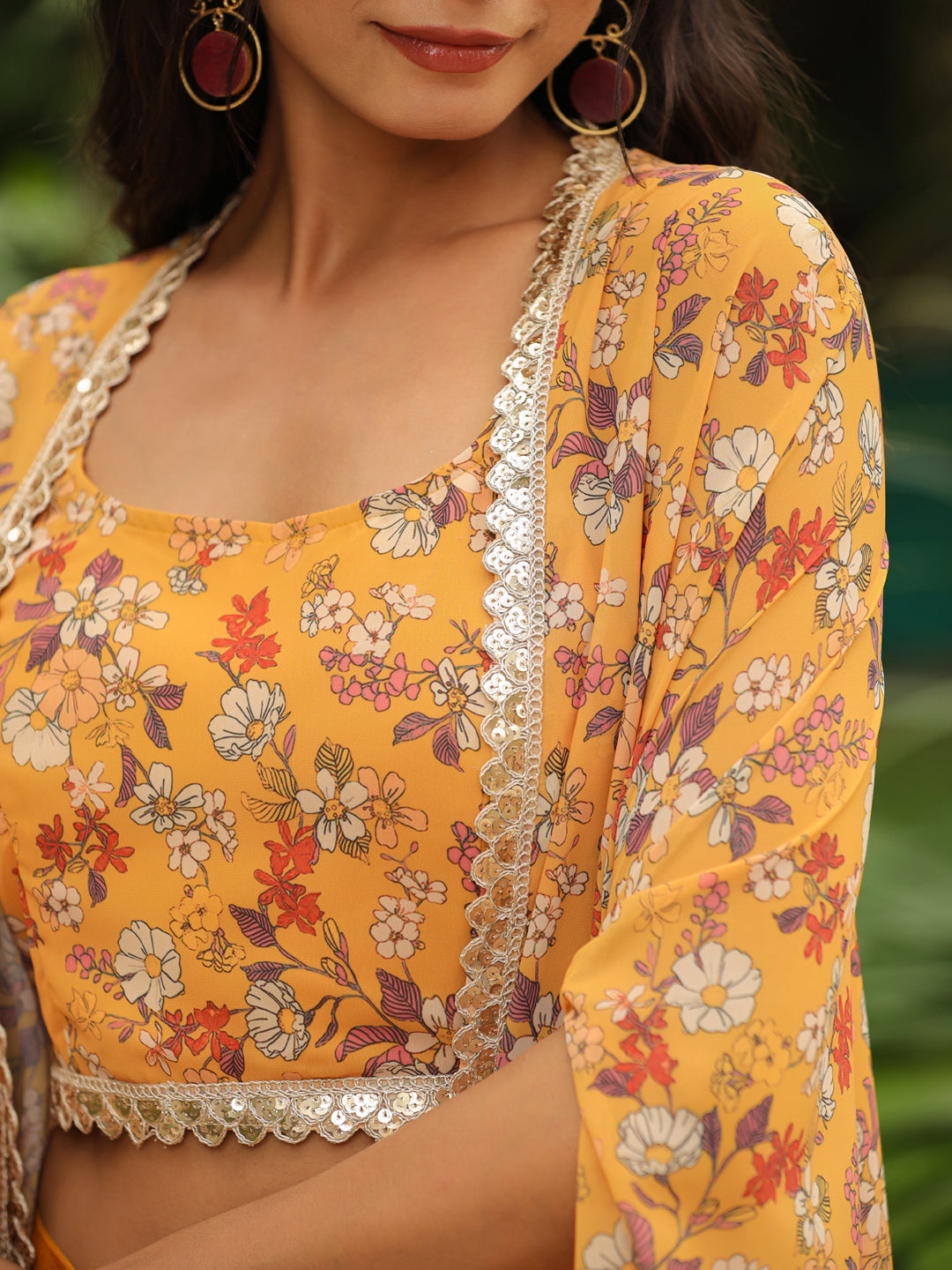 Mustard Georgette Floral Printed Top With Palazzo & Cape Set  - By Janasya