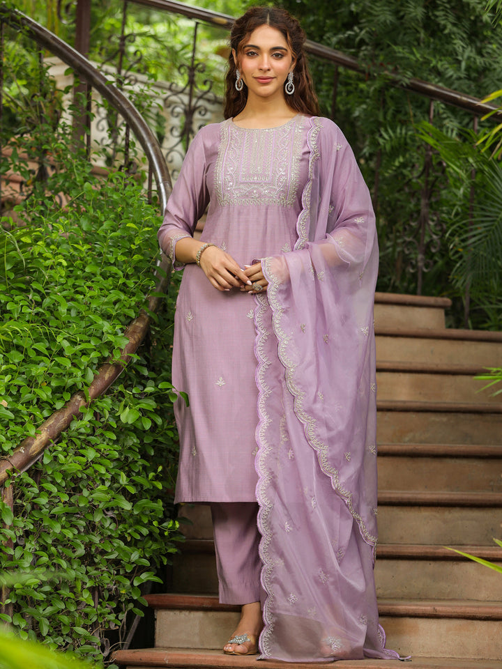 Lavender Silk Blend Embroidered Straight Kurta Set  - By Janasya