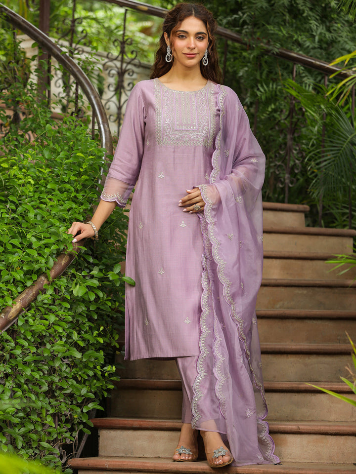 Lavender Silk Blend Embroidered Straight Kurta Set  - By Janasya