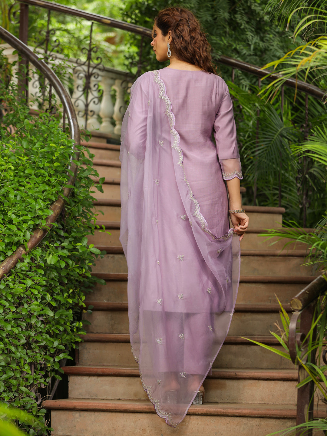 Lavender Silk Blend Embroidered Straight Kurta Set  - By Janasya