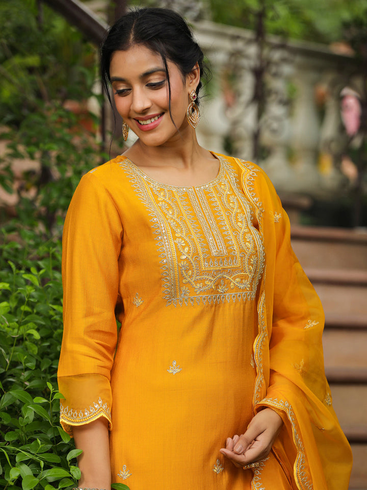 Mustard Silk Blend Embroidered Straight Kurta Set  - By Janasya