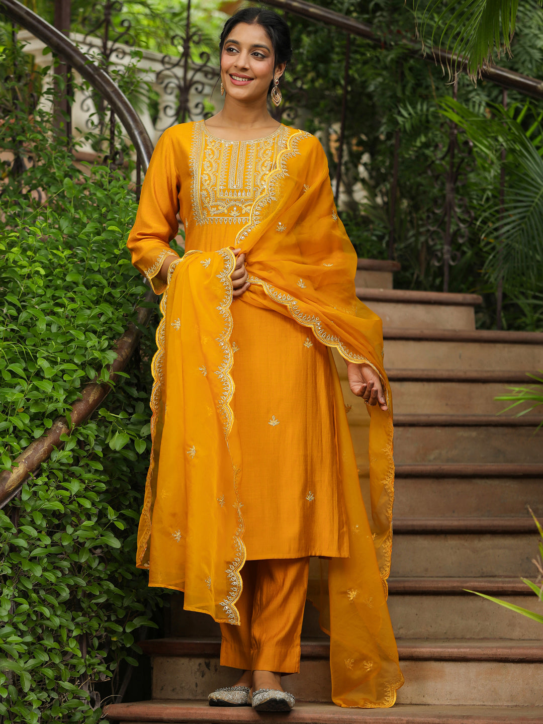 Mustard Silk Blend Embroidered Straight Kurta Set  - By Janasya