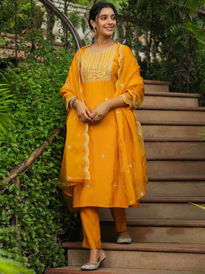 Mustard Silk Blend Embroidered Straight Kurta Set  - By Janasya