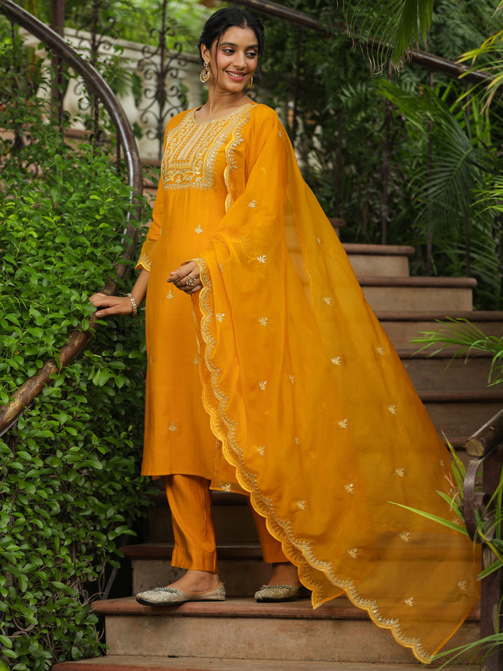 Mustard Silk Blend Embroidered Straight Kurta Set  - By Janasya