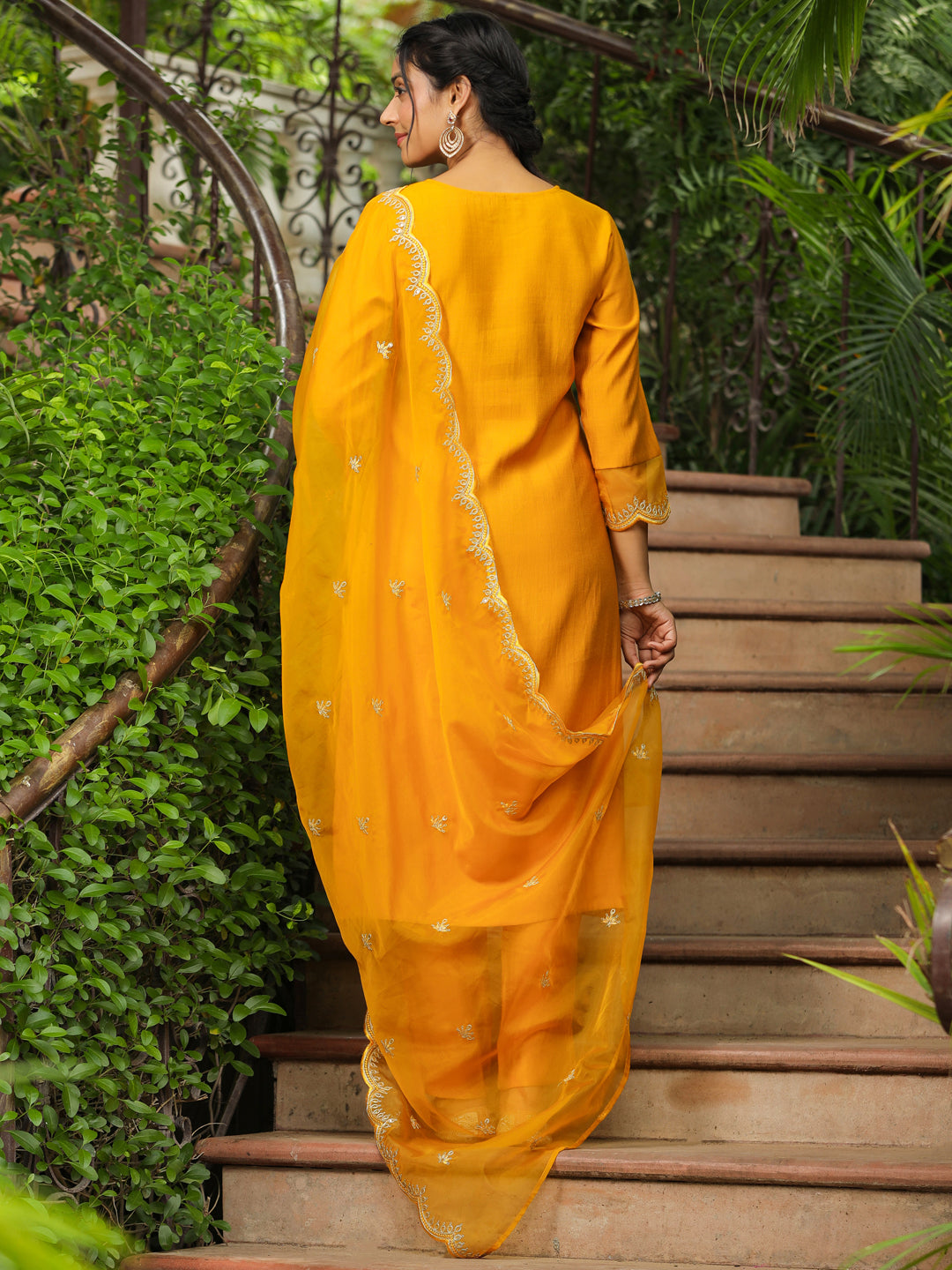 Mustard Silk Blend Embroidered Straight Kurta Set  - By Janasya