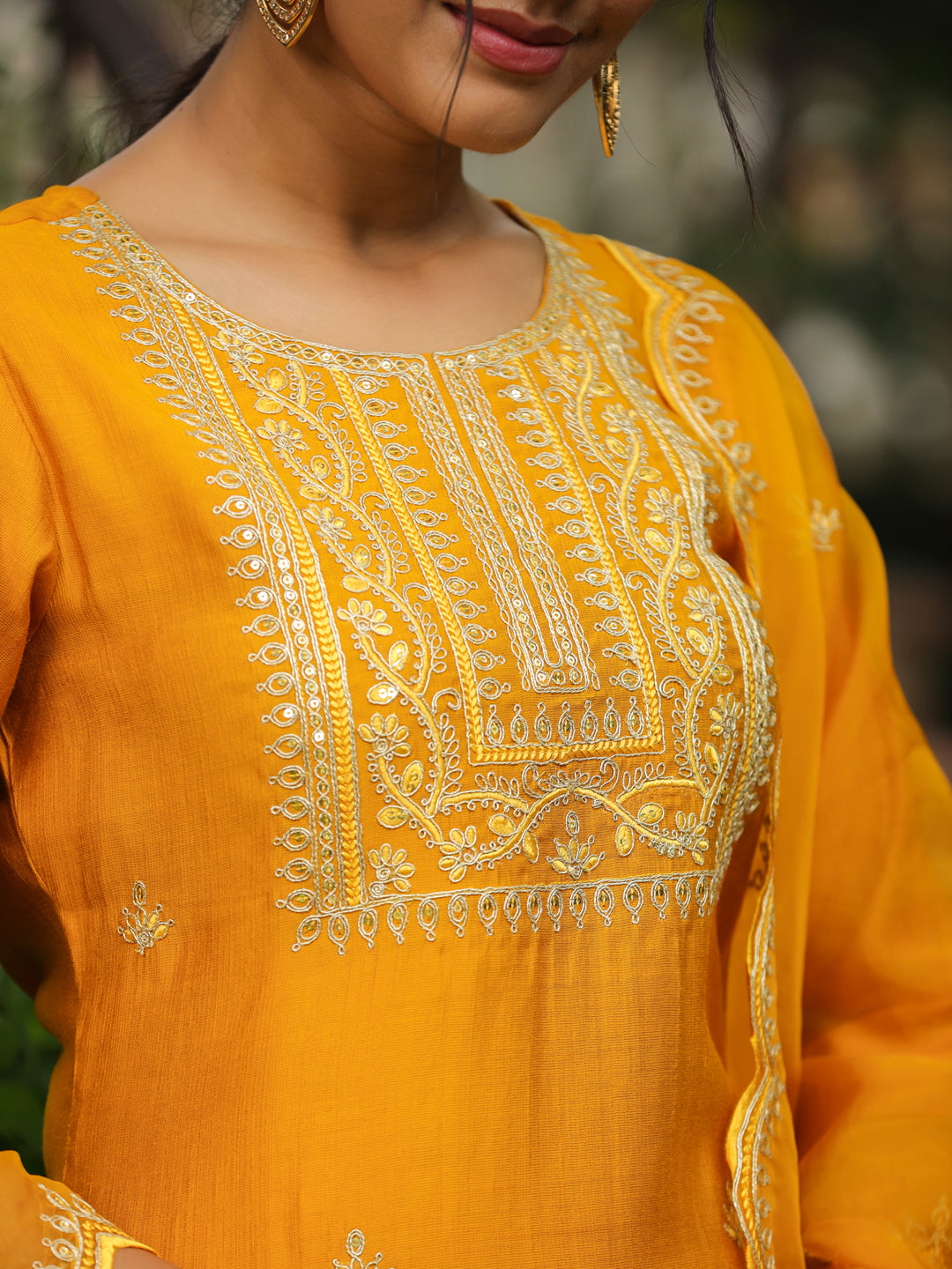 Mustard Silk Blend Embroidered Straight Kurta Set  - By Janasya