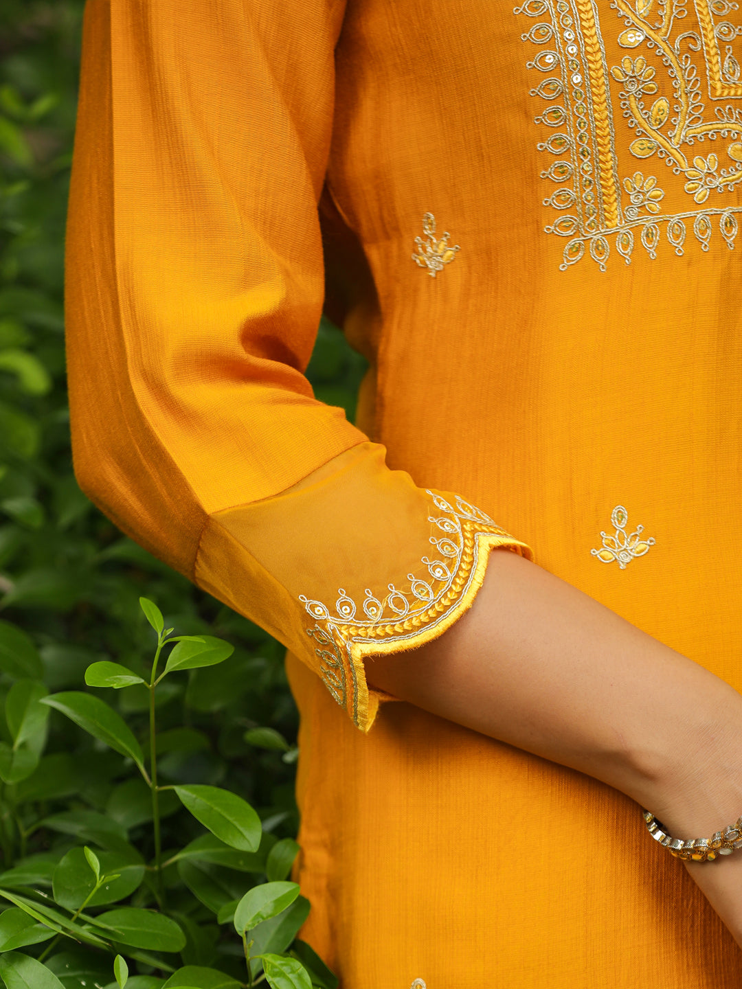 Mustard Silk Blend Embroidered Straight Kurta Set  - By Janasya