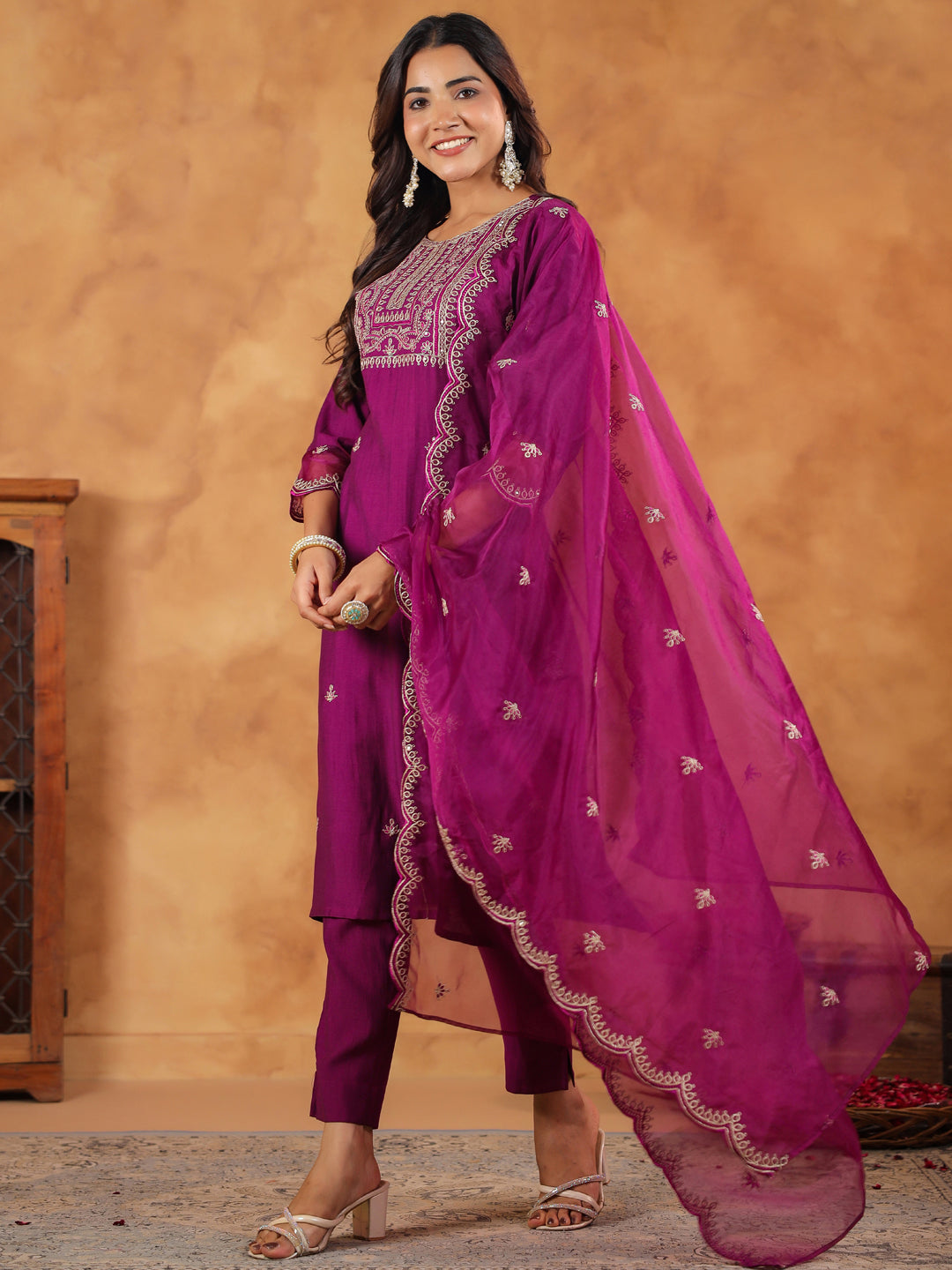 Purple Silk Blend Embroidered Straight Kurta Set  - By Janasya