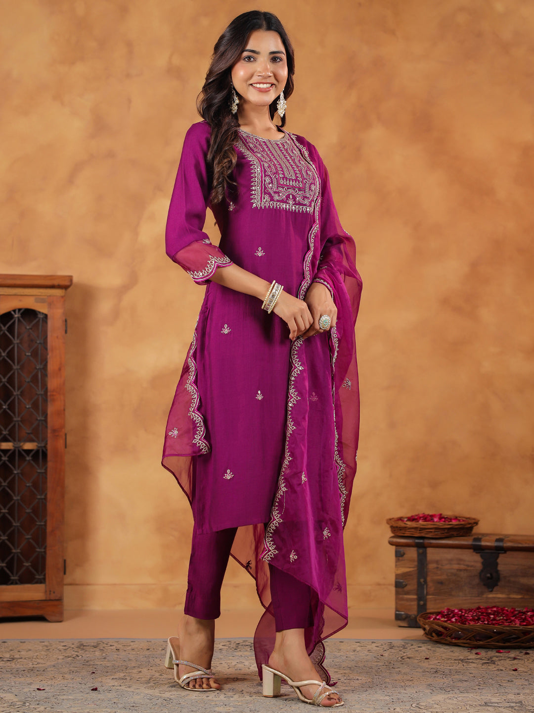 Purple Silk Blend Embroidered Straight Kurta Set  - By Janasya