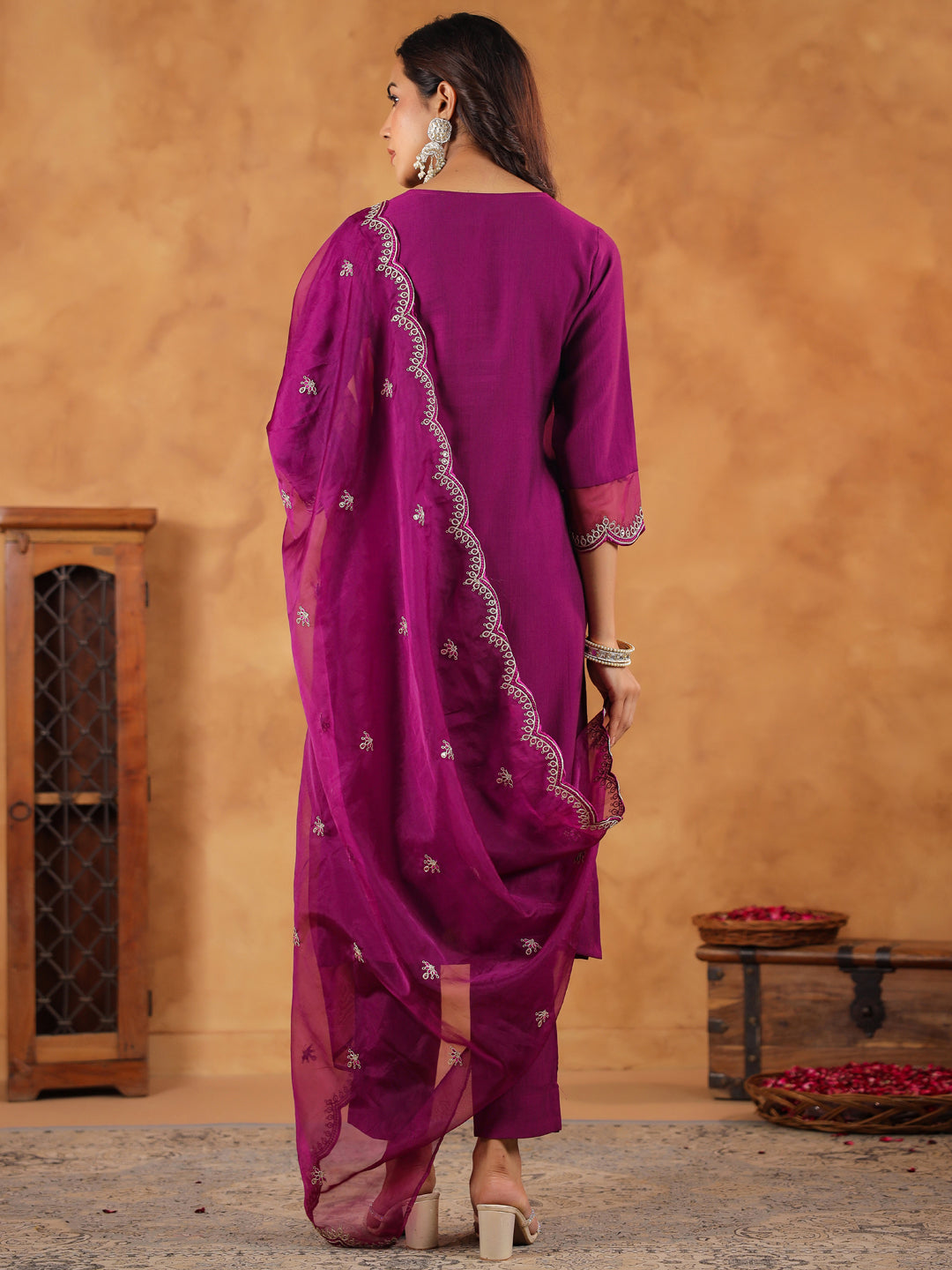 Purple Silk Blend Embroidered Straight Kurta Set  - By Janasya