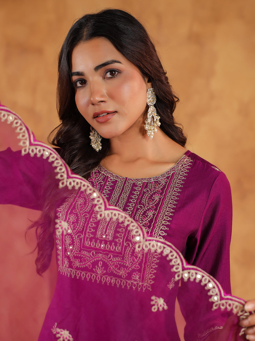 Purple Silk Blend Embroidered Straight Kurta Set  - By Janasya