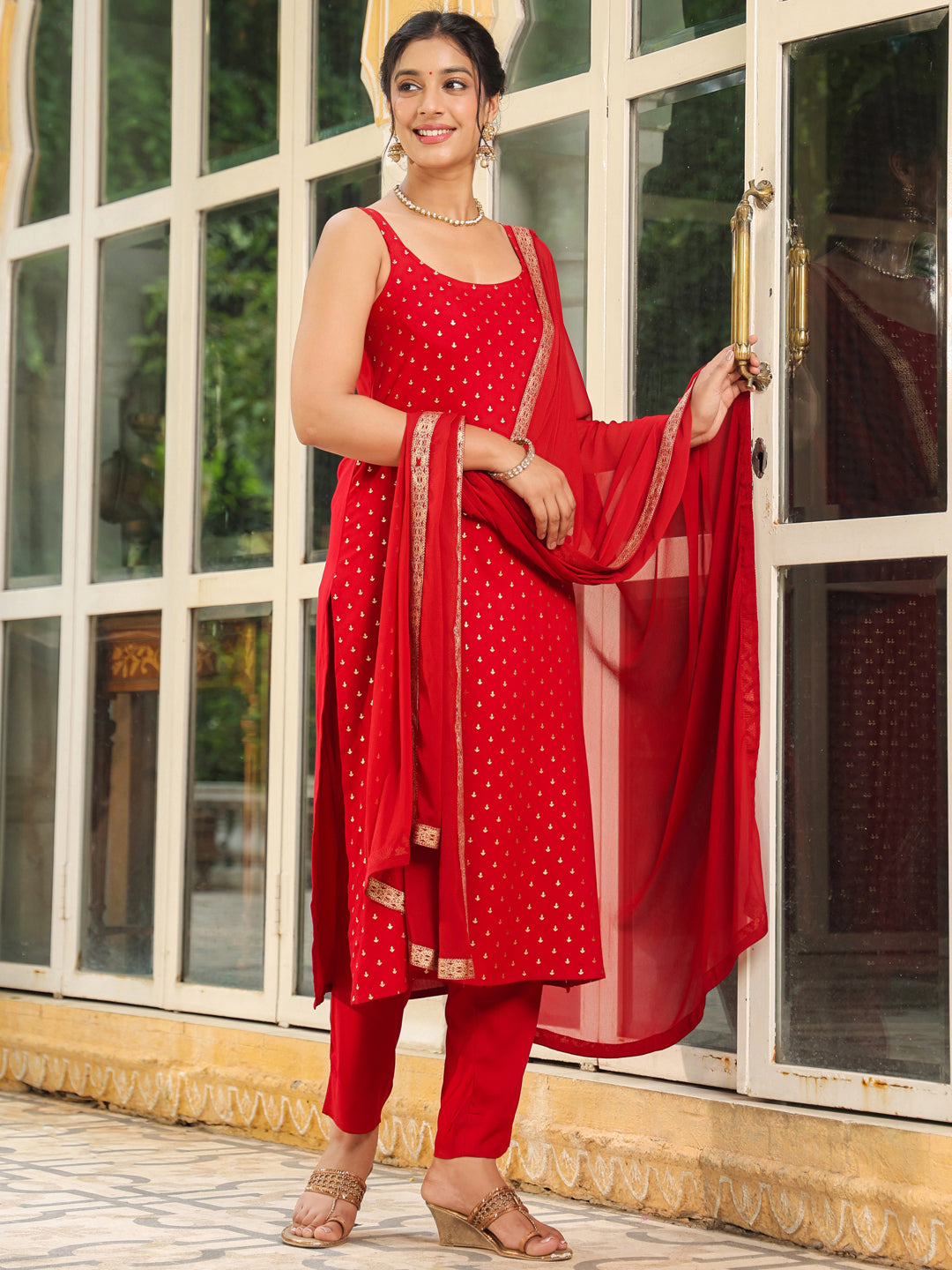 Maroon Rayon Foil Printed Straight Kurta Set  - By Janasya