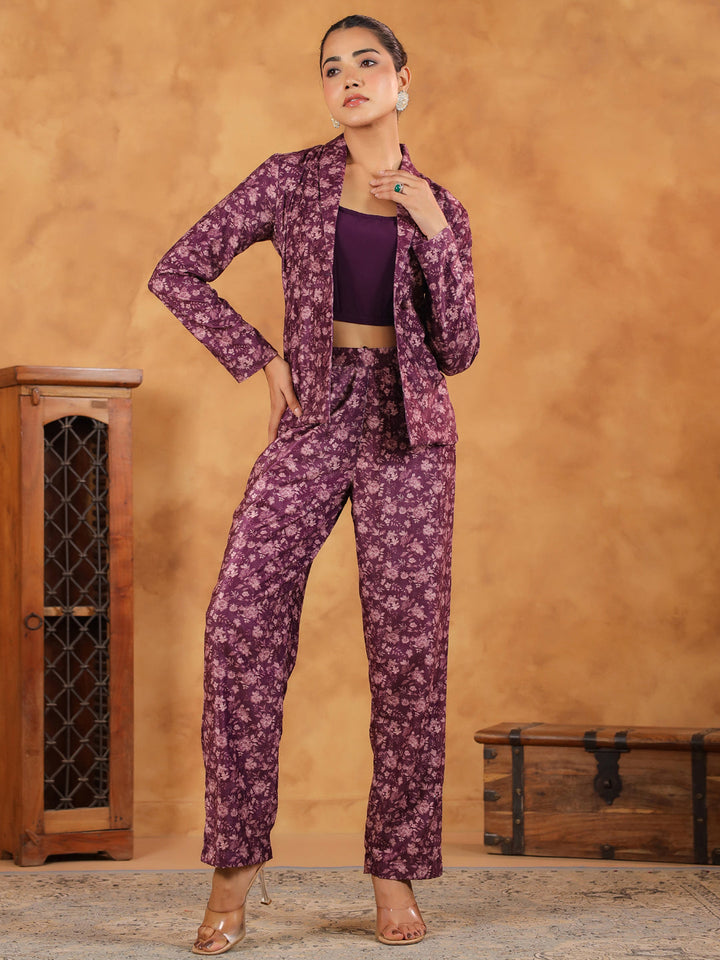 Wine Velvet Floral Printed Regular Co-Ord Set  - By Janasya