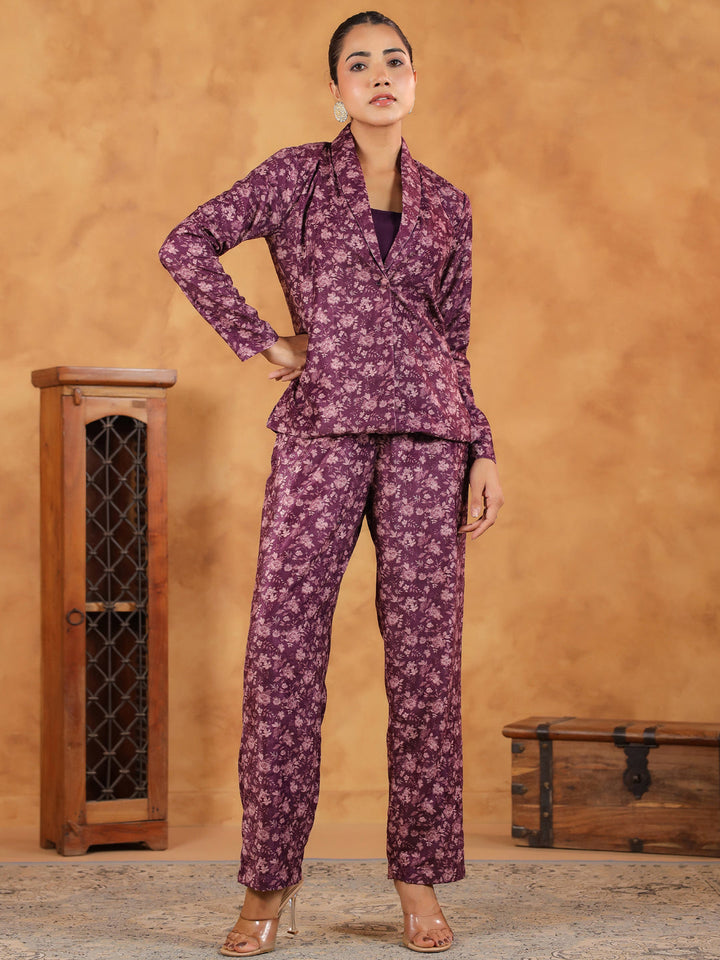 Wine Velvet Floral Printed Regular Co-Ord Set  - By Janasya