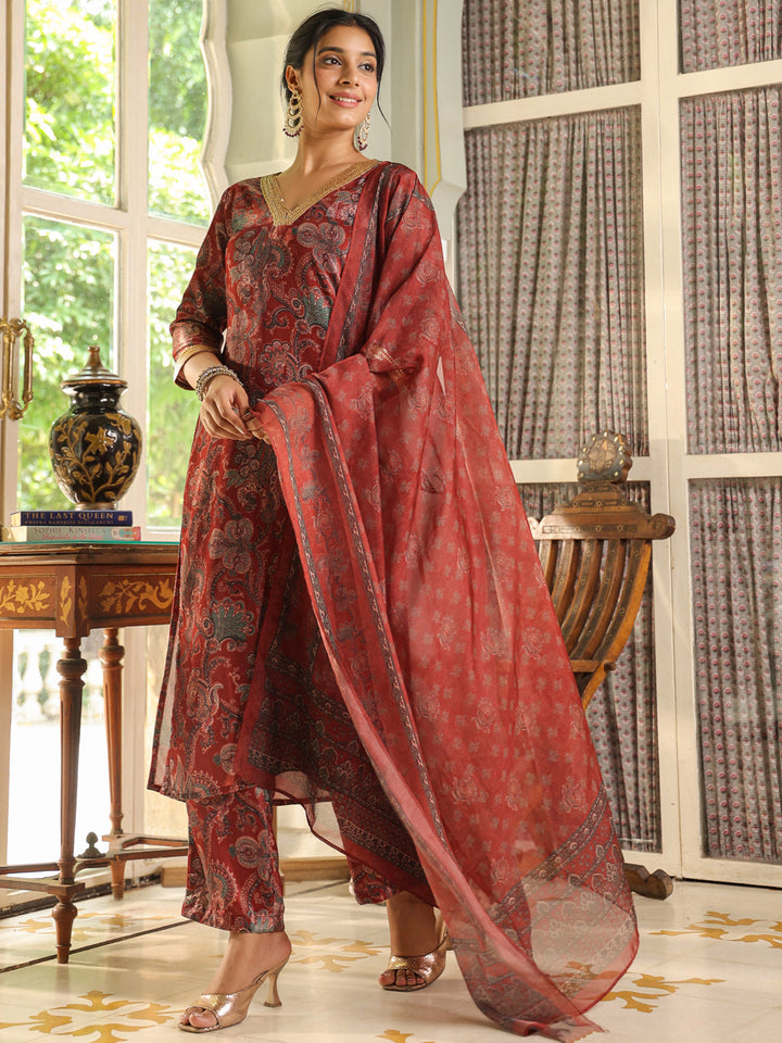 Maroon Velvet Ethnic Floral Printed Straight Kurta Set  - By Janasya