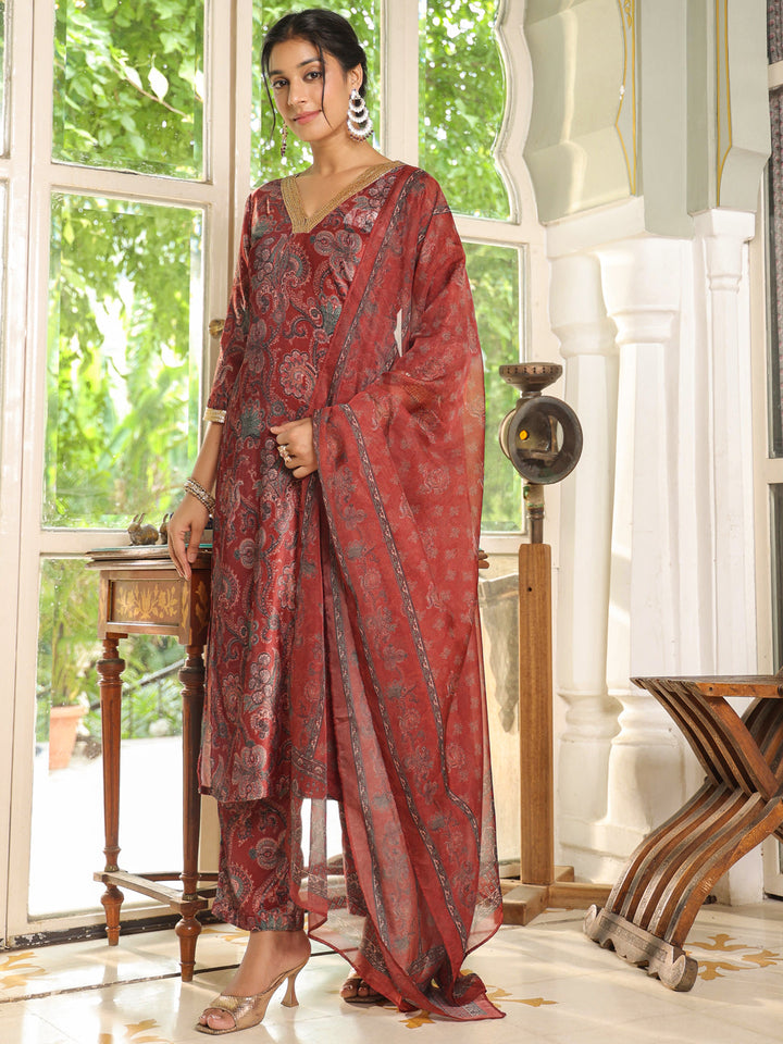 Maroon Velvet Ethnic Floral Printed Straight Kurta Set  - By Janasya