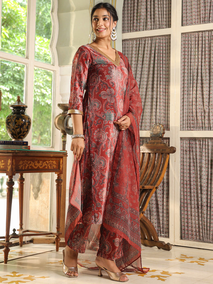 Maroon Velvet Ethnic Floral Printed Straight Kurta Set  - By Janasya