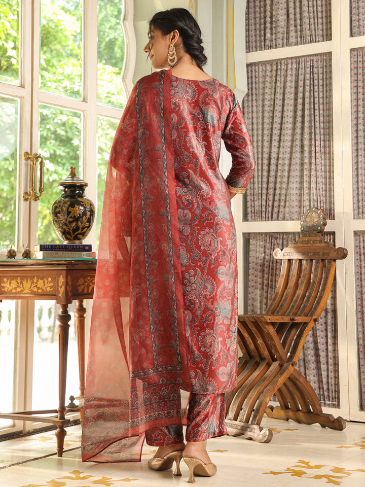 Maroon Velvet Ethnic Floral Printed Straight Kurta Set  - By Janasya