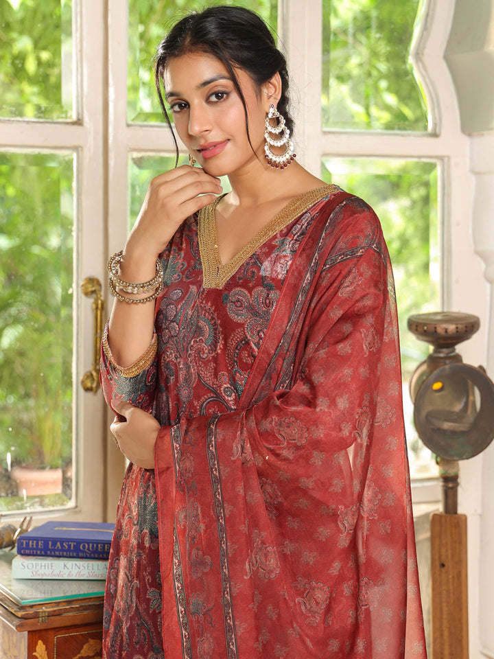 Maroon Velvet Ethnic Floral Printed Straight Kurta Set  - By Janasya