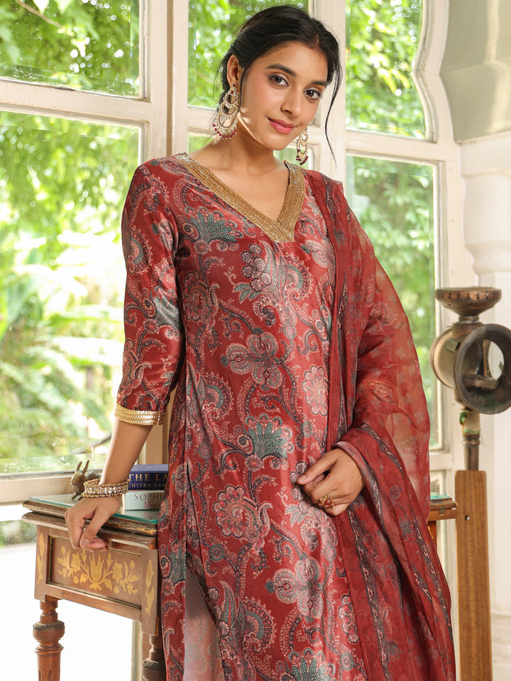 Maroon Velvet Ethnic Floral Printed Straight Kurta Set  - By Janasya