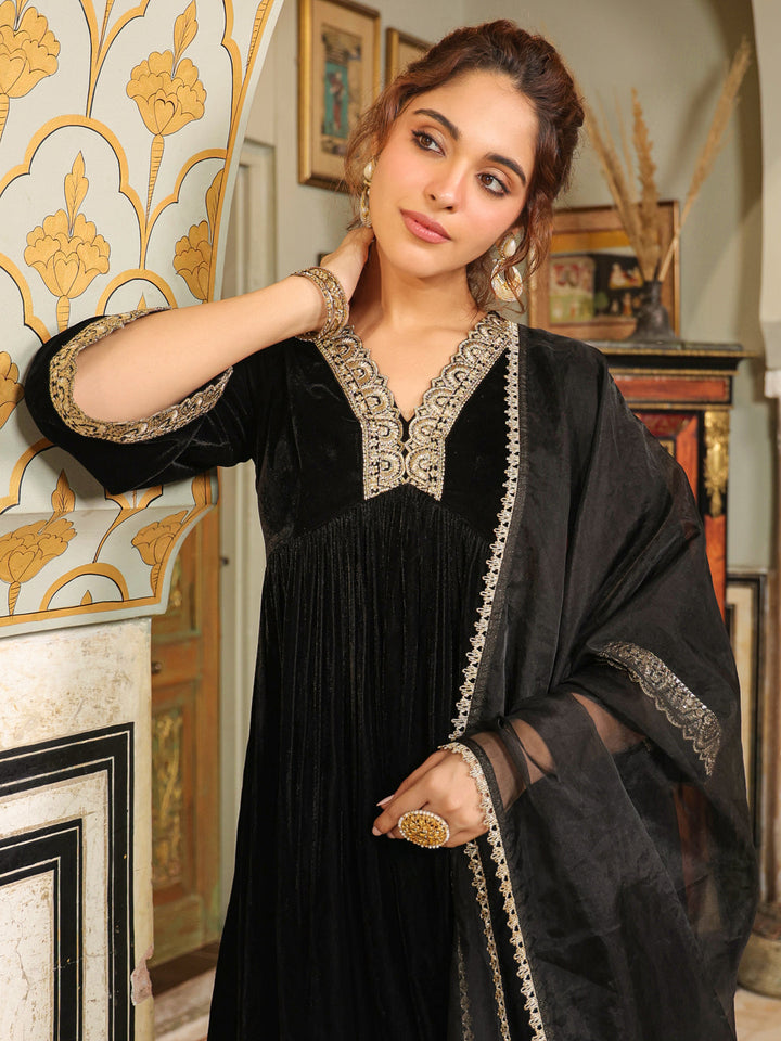 Black Velvet Embellished A-Line Kurta Set  - By Janasya