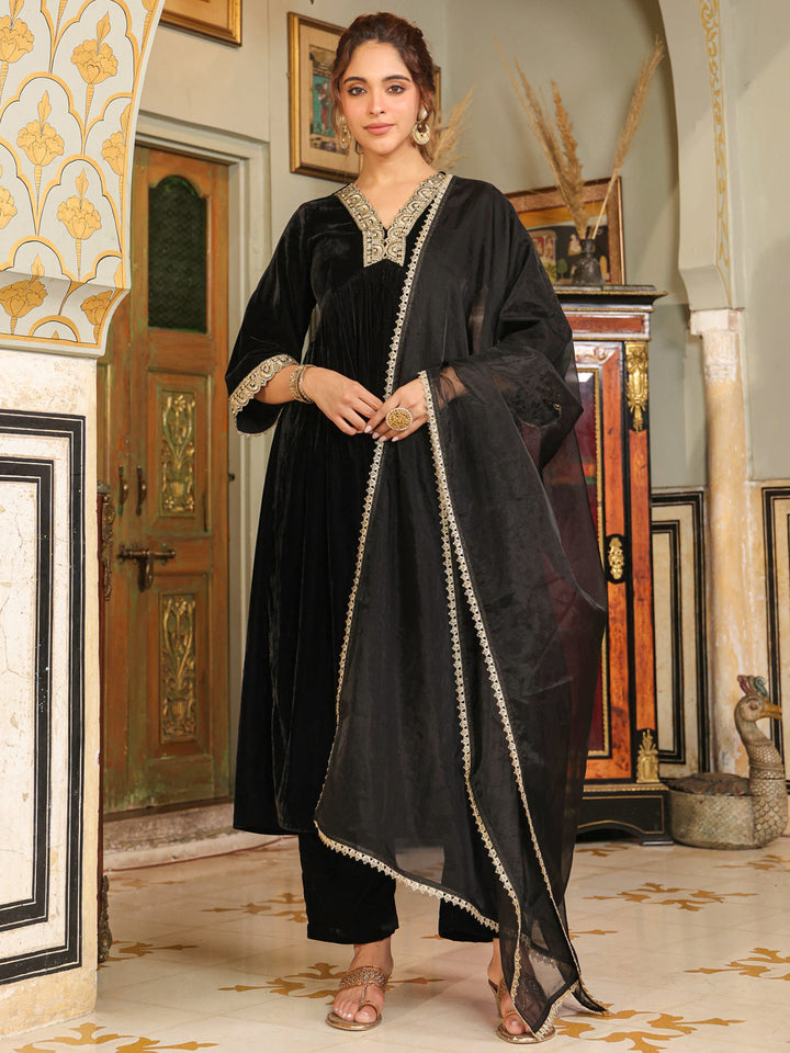 Black Velvet Embellished A-Line Kurta Set  - By Janasya