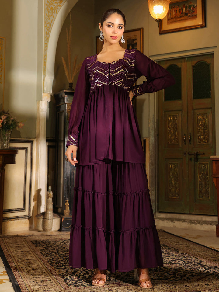 Purple Georgette Sequined Front Slit Peplum Sharara Set  - By Janasya