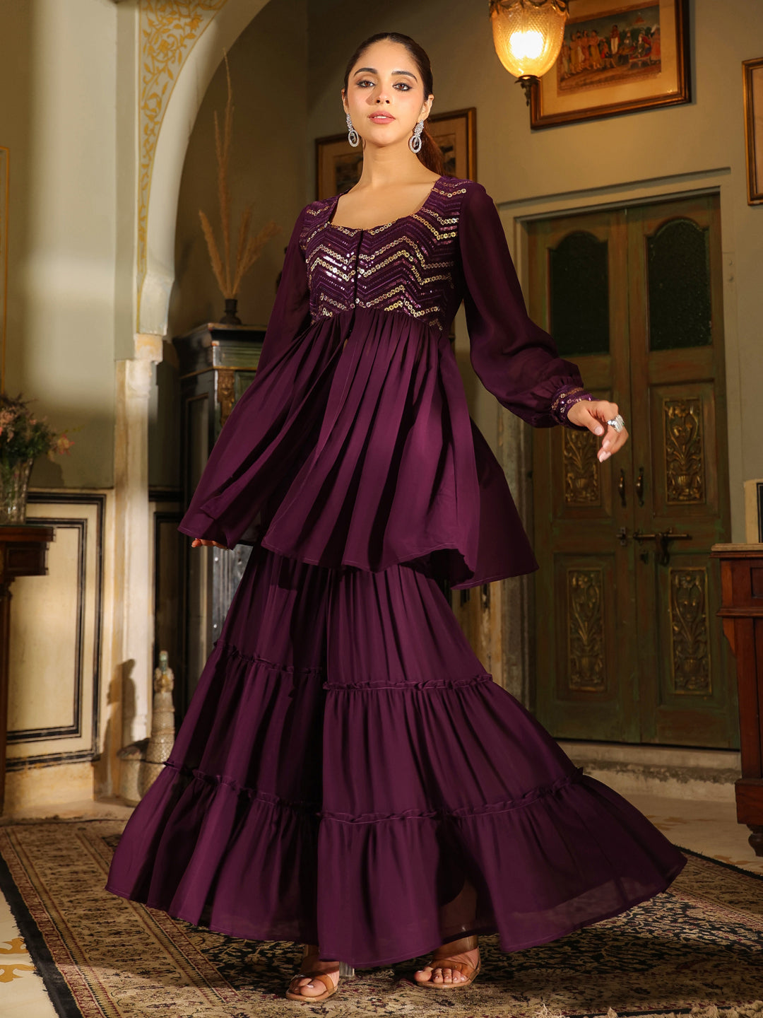 Purple Georgette Sequined Front Slit Peplum Sharara Set  - By Janasya