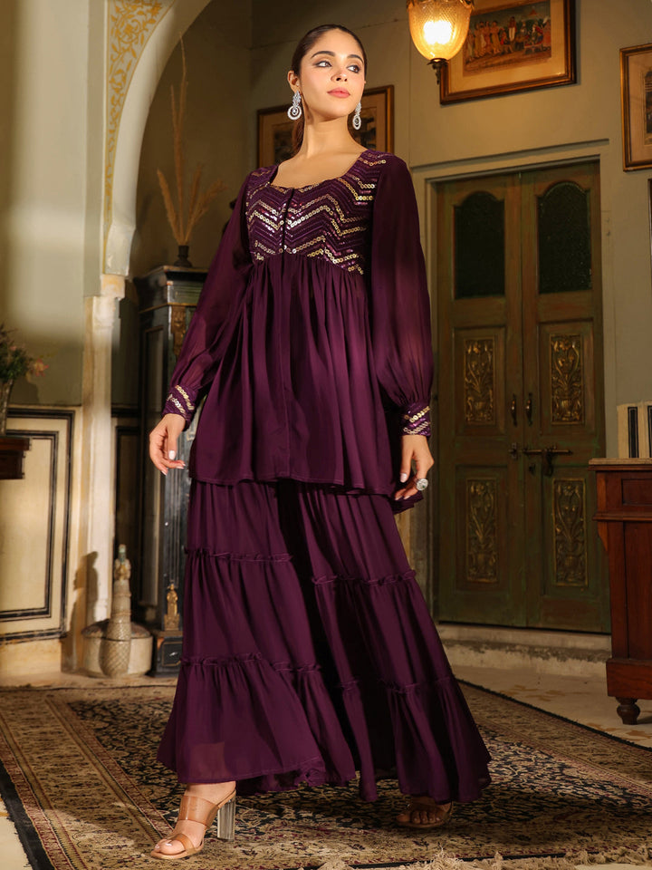 Purple Georgette Sequined Front Slit Peplum Sharara Set  - By Janasya