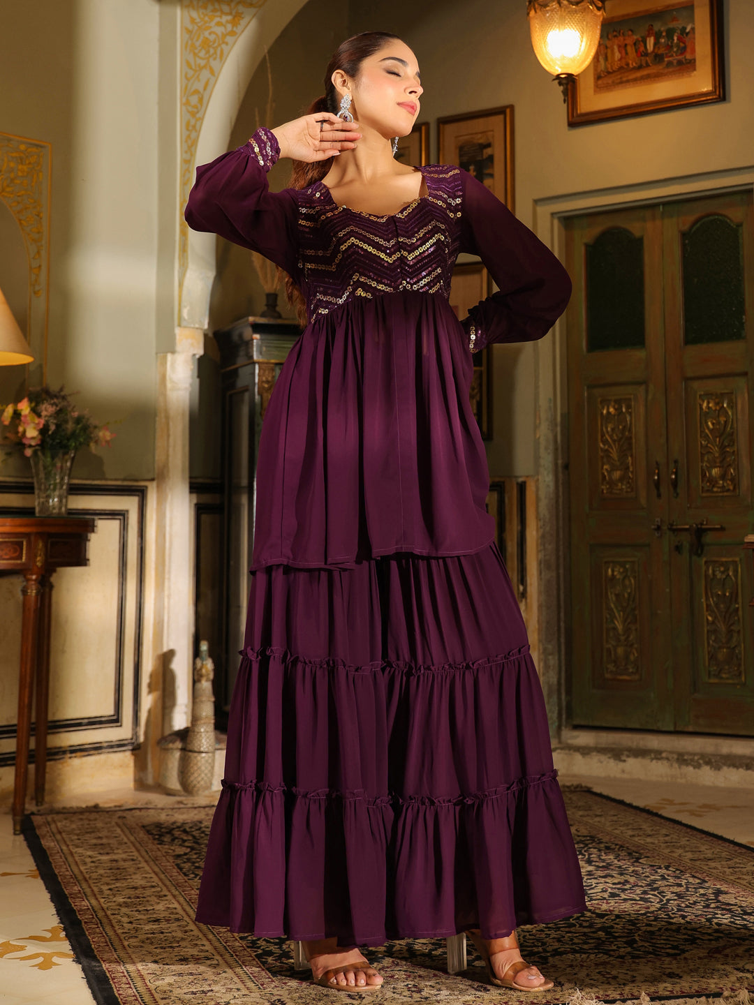 Purple Georgette Sequined Front Slit Peplum Sharara Set  - By Janasya