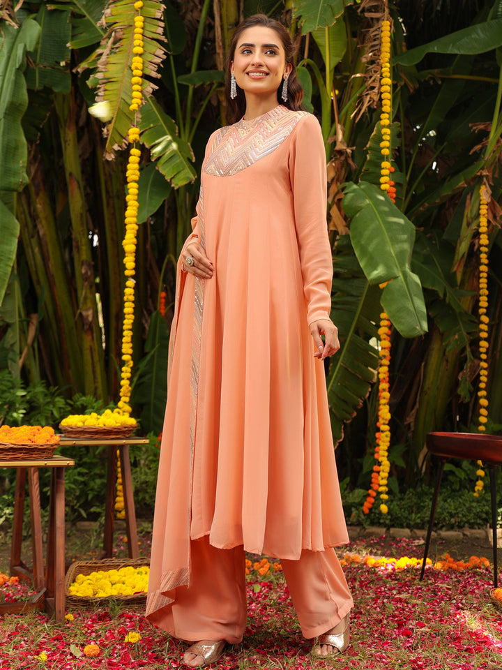 Peach Georgette Sequined Anarkali Kurta Set  - By Janasya