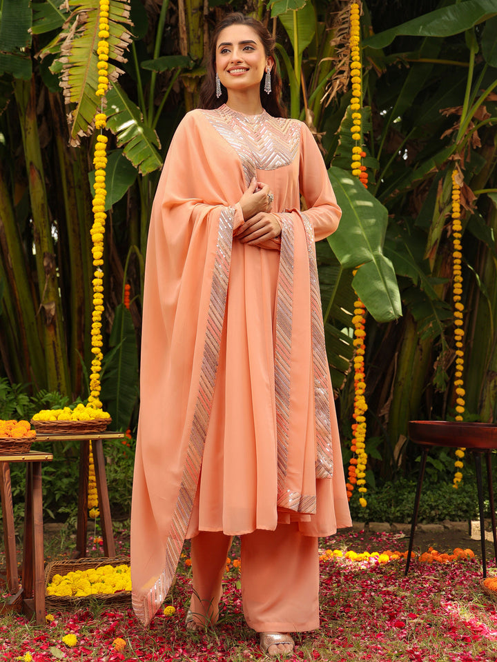 Peach Georgette Sequined Anarkali Kurta Set  - By Janasya