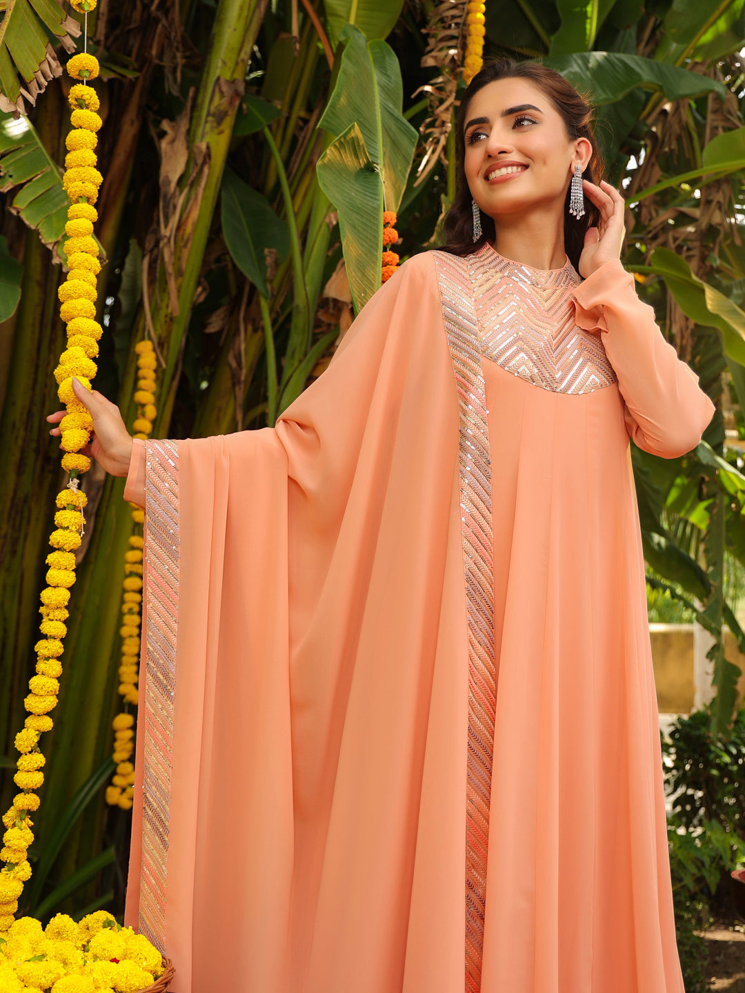 Peach Georgette Sequined Anarkali Kurta Set  - By Janasya