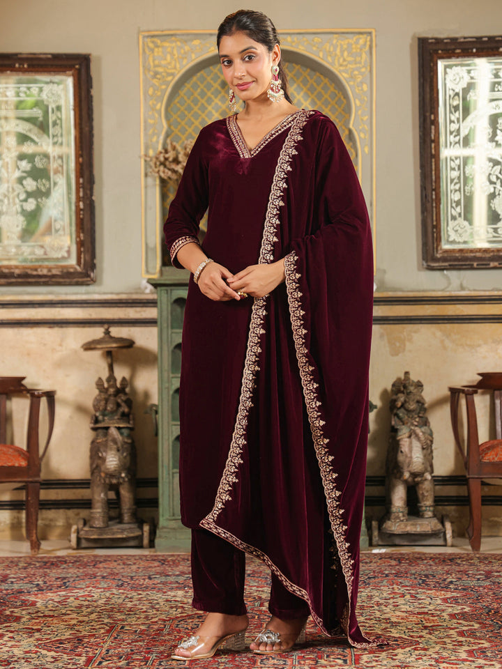 Wine Velvet Zari Embroidered Straight Kurta Set  - By Janasya