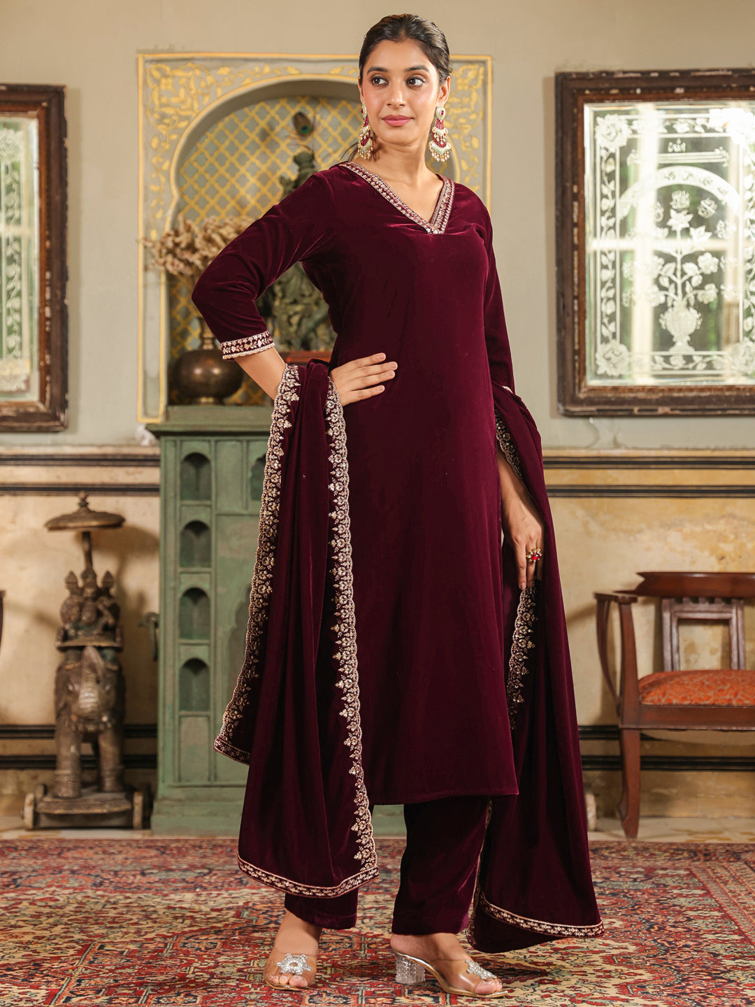 Wine Velvet Zari Embroidered Straight Kurta Set  - By Janasya