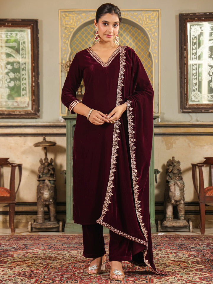 Wine Velvet Zari Embroidered Straight Kurta Set  - By Janasya