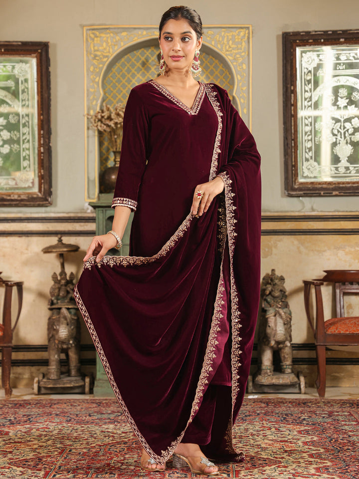 Wine Velvet Zari Embroidered Straight Kurta Set  - By Janasya