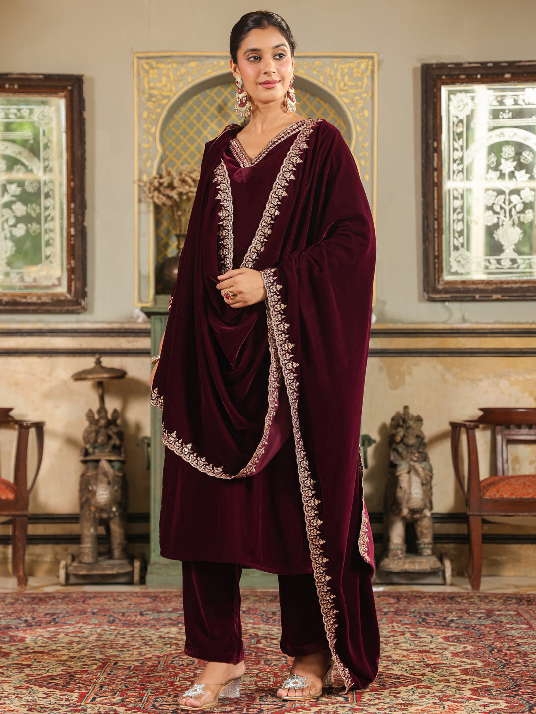 Wine Velvet Zari Embroidered Straight Kurta Set  - By Janasya