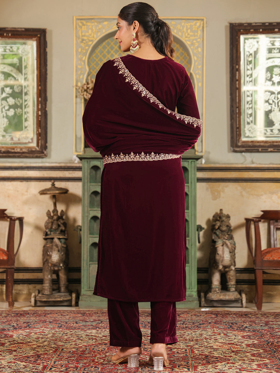 Wine Velvet Zari Embroidered Straight Kurta Set  - By Janasya