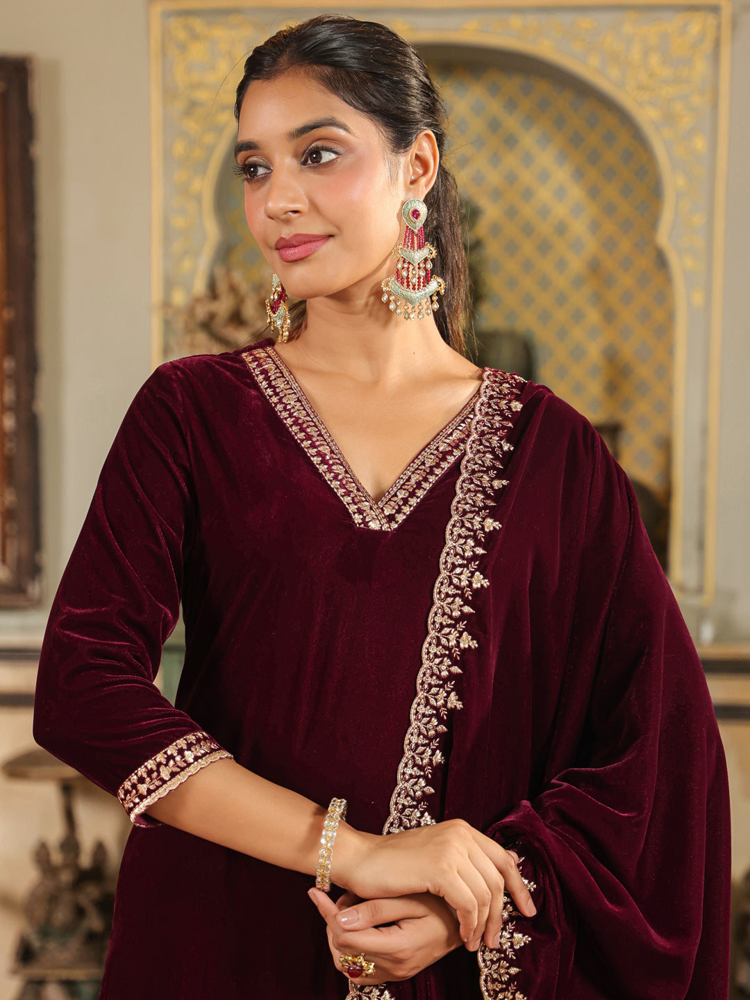 Wine Velvet Zari Embroidered Straight Kurta Set  - By Janasya