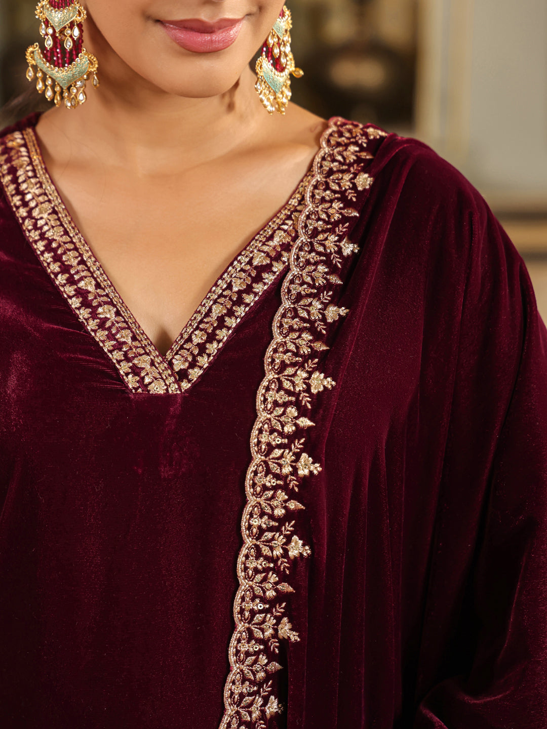 Wine Velvet Zari Embroidered Straight Kurta Set  - By Janasya