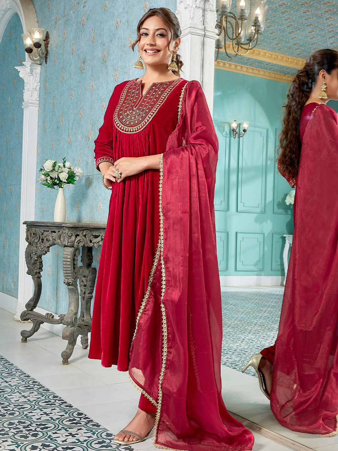 Red Velvet Zari Embroidered A-Line Kurta Set  - By Janasya