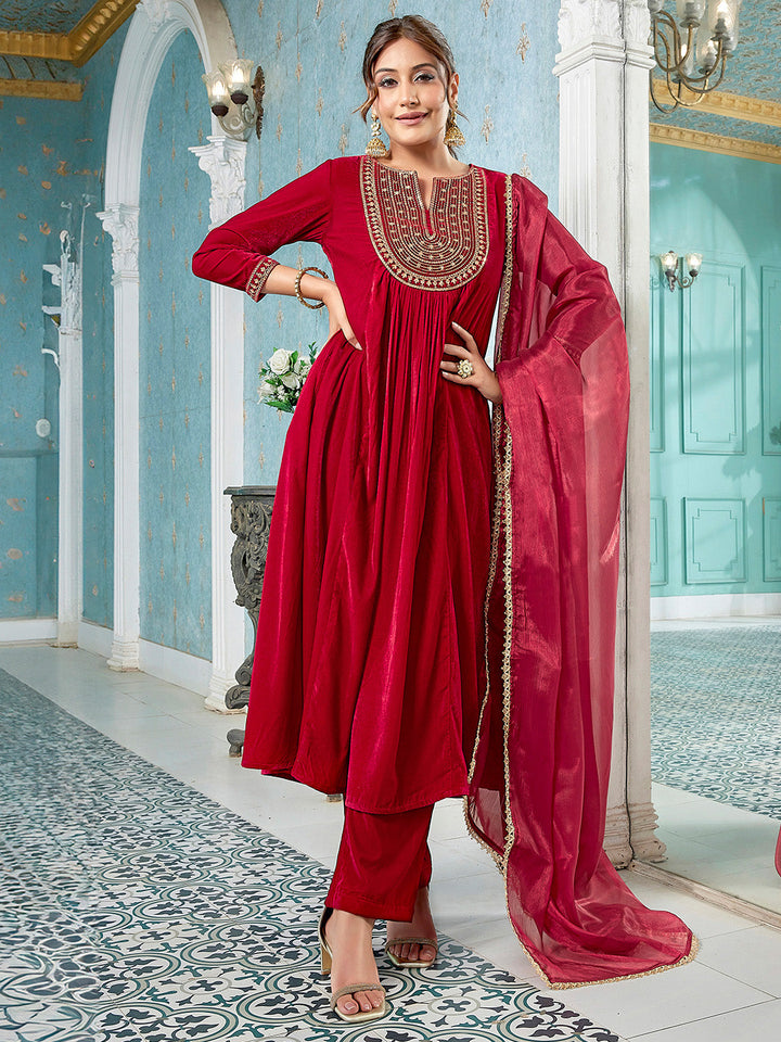 Red Velvet Zari Embroidered A-Line Kurta Set  - By Janasya